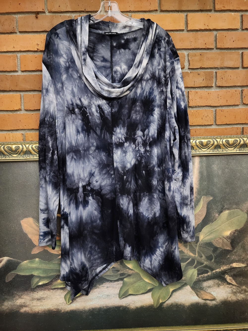 Honeyme Black & Gray Tie-Dye Cowl Neck Long 1x Sleeve Top